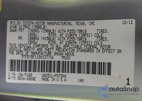 2013 Toyota Tundra Grade 5.7L V8 z USA, uszkodzony, nr VIN 5TFEY5F11DX137716